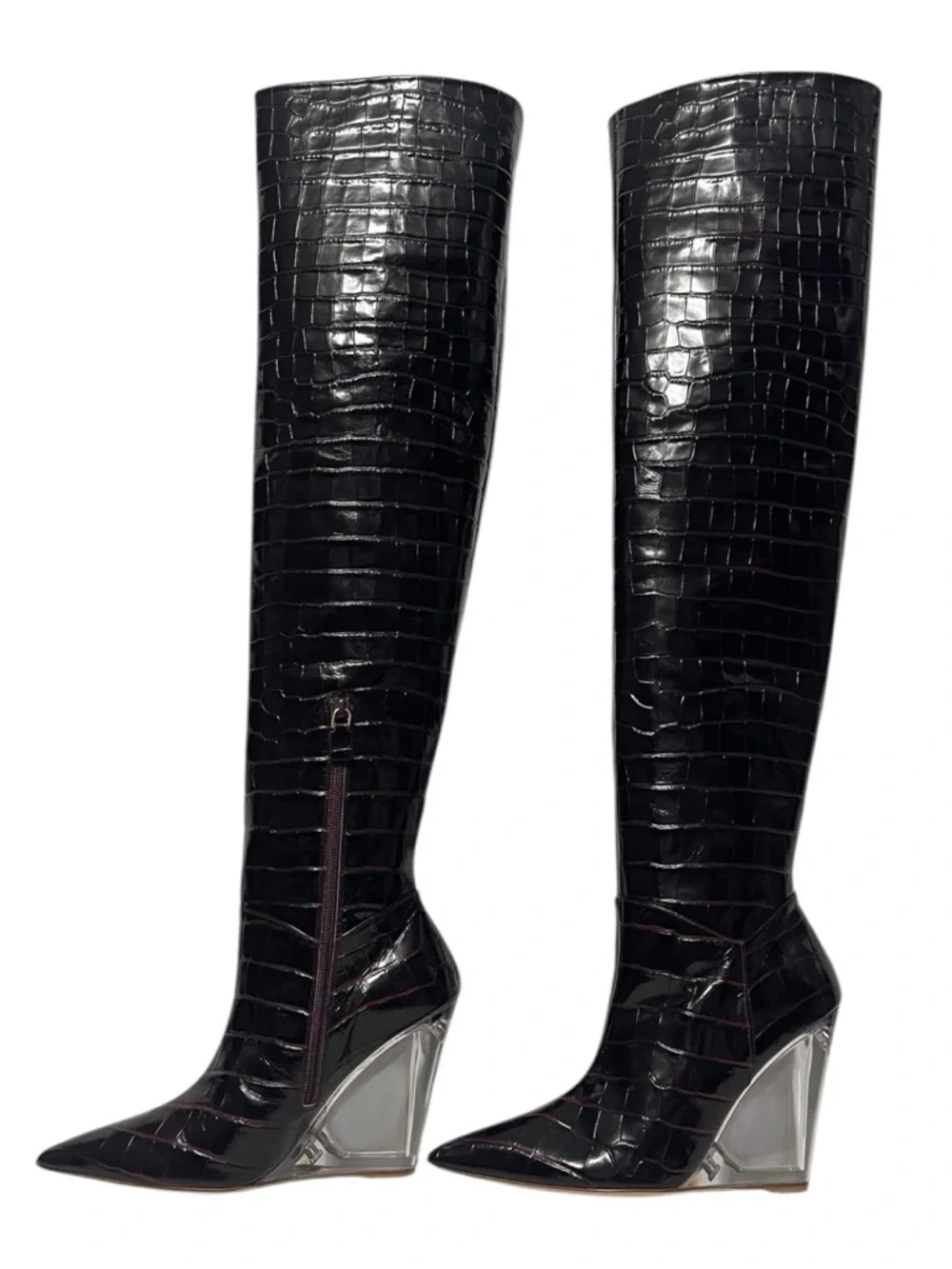 NWT STUART WEITZMAN Lucite 100mm Wedge Croc Embossed Thigh High Boots 7
